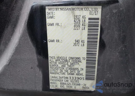 2017 Nissan Altima 2.5 S z USA, uszkodzony, nr VIN 1N4AL3AP3HN333905